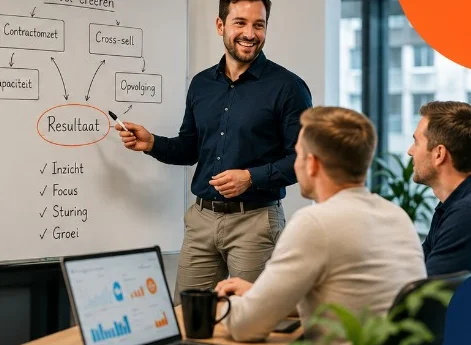 Commercieel overleg met whiteboard over groei, contractomzet en opvolging
